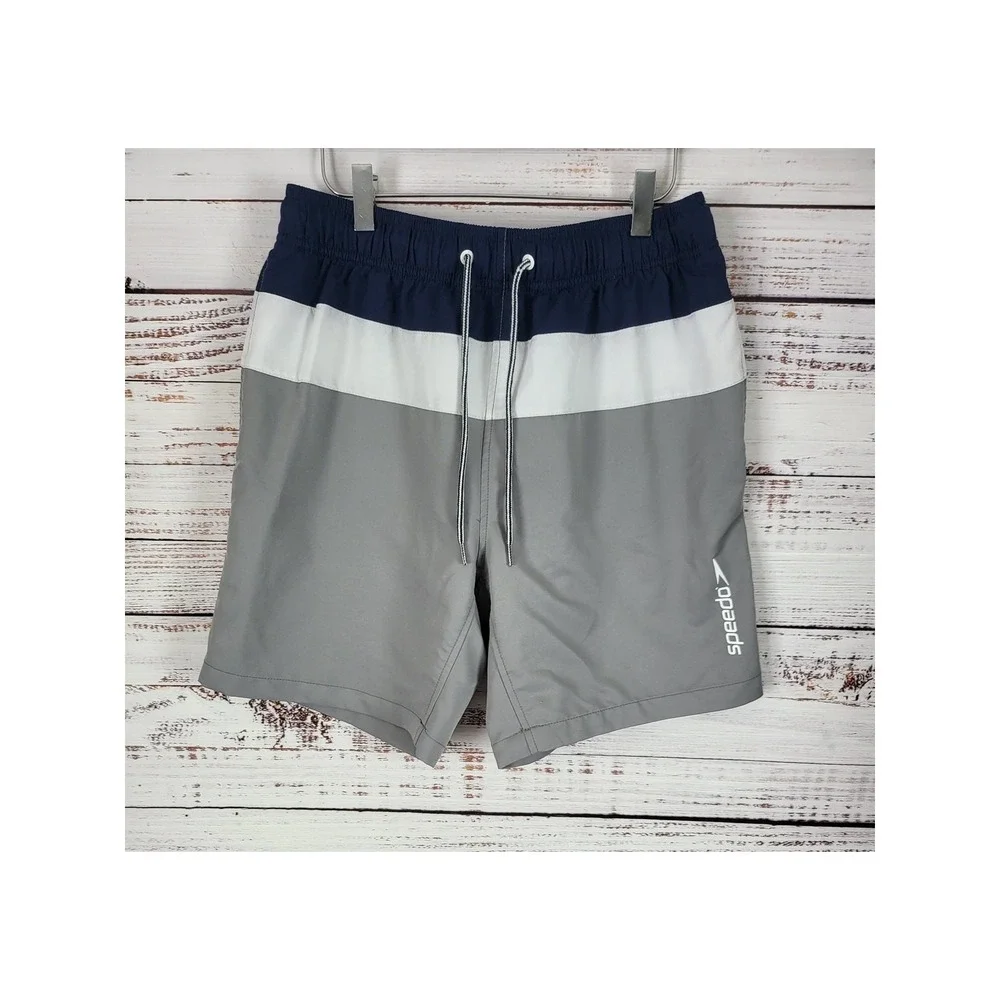Speedo Swim Trunks M‎ Mens Grey White Blue Pull On Pockets Mesh Lined Swim